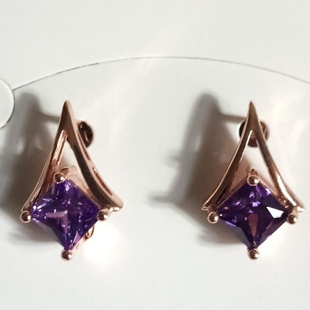 Purple and Rose Gold Geometric Lever Back Earrings - Picture 3 of 9